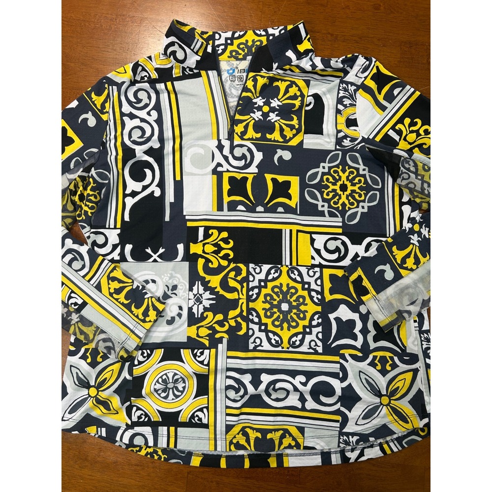 IBKUL Sun Shirt Women XXL Yellow Black Geometric Tile Print 1/4 Zip UPF 50+ Top